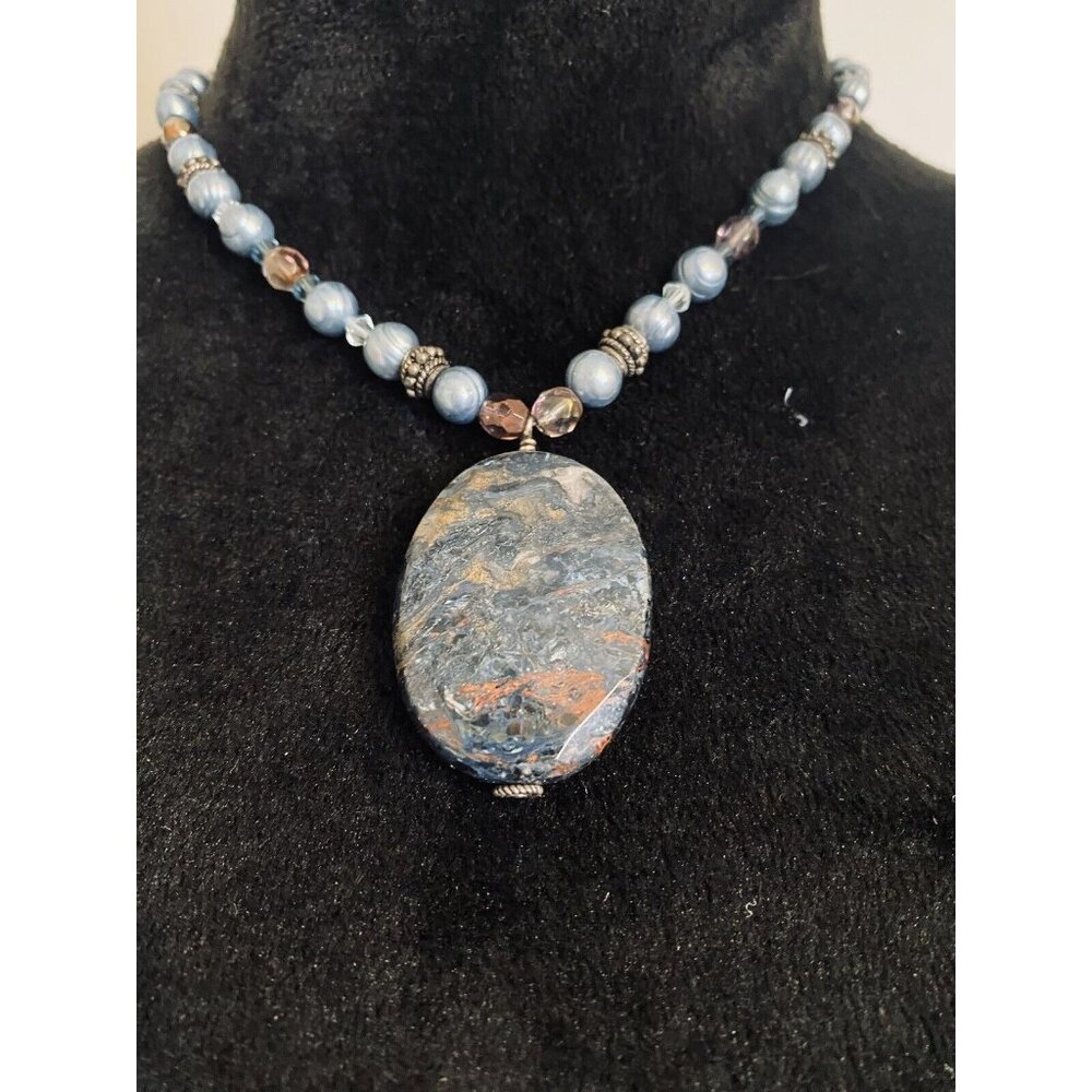 Aqua Blue Silver Necklace 17" Beaded with Stone Pendant